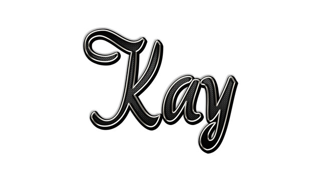 black metal 3d design of name Kay on white background.
