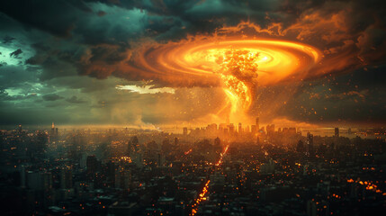 Fototapeta premium A powerful volcanic eruption occurred in the city. The city is burning.