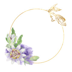 Passion flower with bud and splash round frame watercolor with Gold outline. Hand drawn isolated floral illustration. Green and golden ink Passiflora arrangement for product design and packaging.