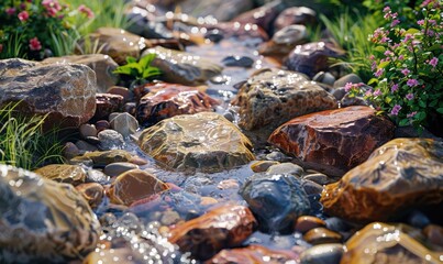 Fototapeta premium Colorful Stones by a Nordic Stream in Early Morning Light