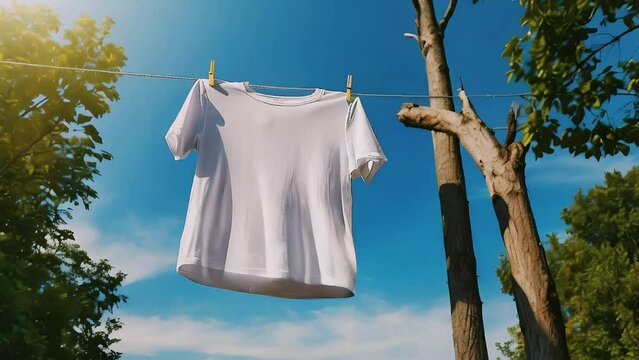 Blank white t-shirt mock up hanging on drying rope, blue sky background, fashion and clothing, copy space area, template