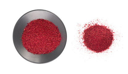 Sumac Powder Isolated, Red Sumach Ground Seasoning, Dry Sumak, Crushed Typhina Seeds