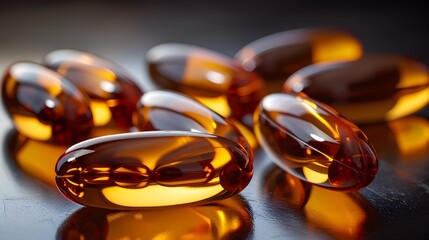 Glistening Omega 3 Fish Oil Capsules in Transparent Pill Softgels for Health and Wellness