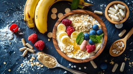 Fototapeta premium Healthy Homemade Granola Bowl with Fresh Fruits Nuts and Yogurt on Rustic Wooden Table