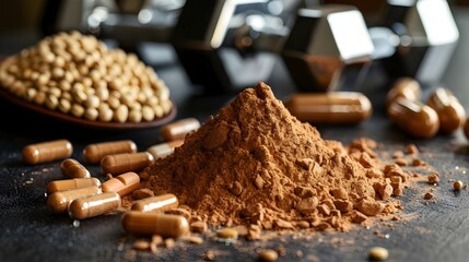 Heap of Ground Cinnamon Spice Powder in Wooden Bowl on Dark Table