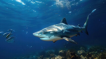 Naklejka premium Incredible image of a majestic shark swimming through the deep blue ocean waters, capturing the essence of marine life, adventure, and the raw beauty of nature.