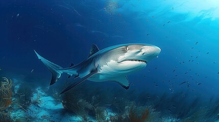 Fototapeta premium A close-up view of a tiger shark gliding through the clear blue waters, surrounded by various fish and marine plants, showcasing the underwater oceanic life.