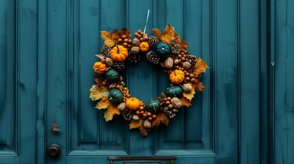 A colorful wreath with pumpkins, gourds, and fall leaves hangs on a teal door