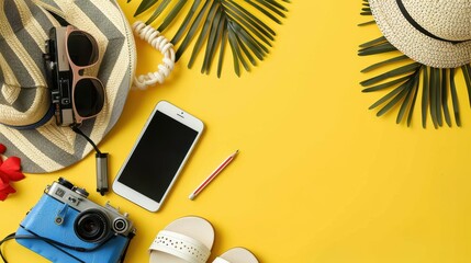 This eye-catching image presents a variety of travel essentials for a beach holiday including a sunhat, sunglasses, a camera, a smartphone, and sandals, beautifully arranged on a yellow background.