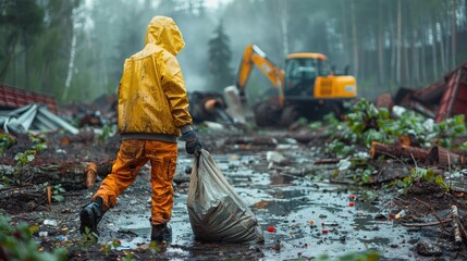 An individual in orange rain protection gear is cleaning up debris at a construction site, illustrating the importance of maintaining environmental health in industrial areas.