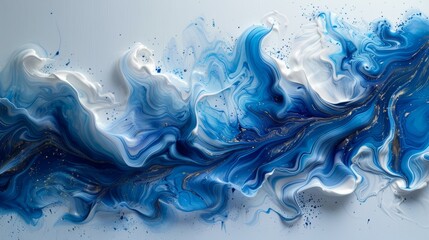 The painting is of a wave with a blue and white color scheme