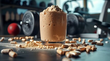 Protein Shake in Gym Setting with Fitness Equipment