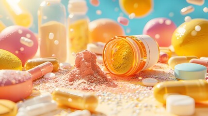 Variety of Dietary Supplements and Vitamins in Vibrant Packaging on Colorful Background