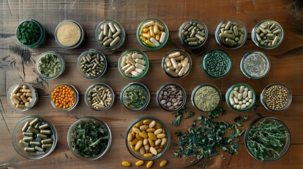 Fototapeta premium Variety of Herbal Supplements Arranged on Wooden Table for Holistic Wellness
