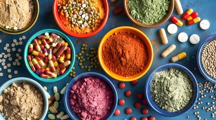 Vibrant Assortment of Organic Spices and Food Ingredients on Rustic Table