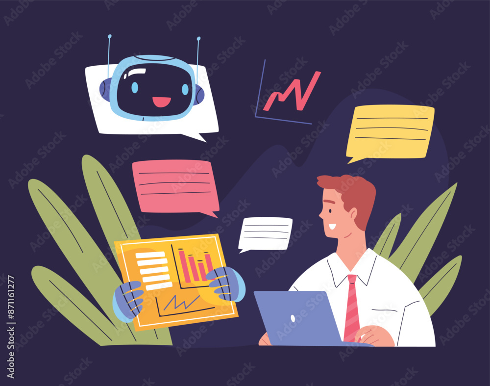 Poster chatbot customer dialog. business man worker or developer chatting with android bot ai assistant onl