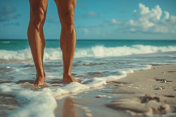 Detail of male perfect beautiful legs thighs front leg muscles in white underwear panties white denim shorts. Quadriceps and tibialis anterior. sunny sky sun shine summer beach sea water ocean