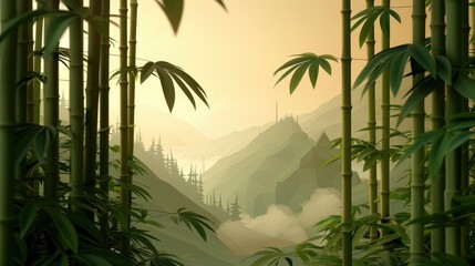 Obraz premium A minimalist low-poly illustration of a green bamboo, against the backdrop of a beige sky, 