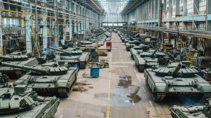 A long line of military tanks are assembled in a large factory. The tanks are all in a row, and the factory floor is clean and well-lit
