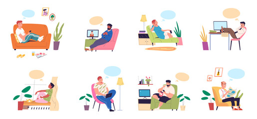 Dreaming bubble characters. Happy dreamy people thinking dreaming office work or home relax, thoughtful employee man woman think speech bubble creativity idea illustration