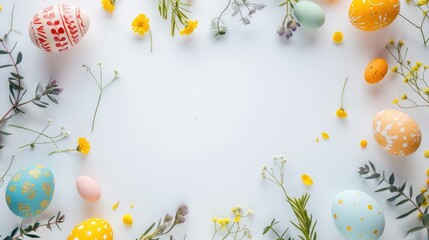 Minimal Easter egg frame on white background Happy Easter card with space for text Top view display