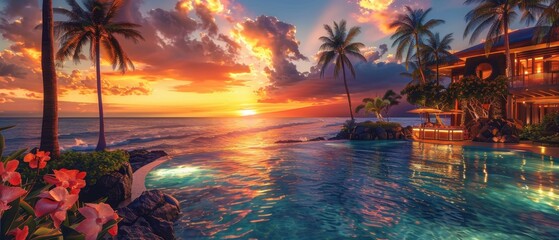 A panoramic view of the pool and beach at sunset in Hawaii, with palm trees and an orange sky with clouds Generative AI
