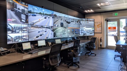 A dispatch center with a digital wall display showing live feeds from surveillance cameras across a city