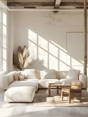 Minimalist and Tranquil Open-Concept Living Room Mockup with Elegant Furnishings
