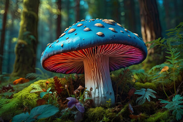 a colourful mushroom in the middle of a forest