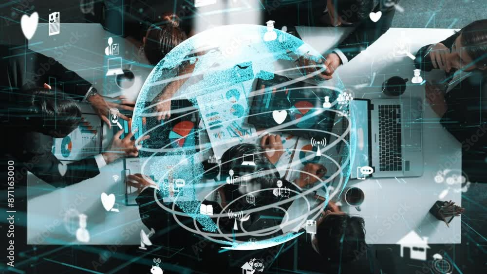 Poster top down aerial view of businesswoman looking at data analyst working at financial statistic chart a