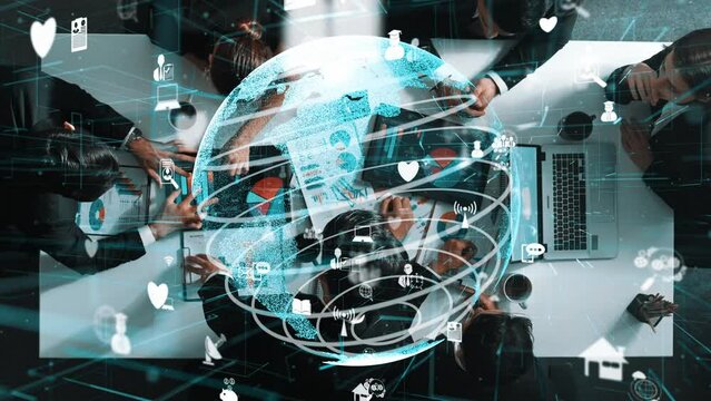 Top down aerial view of businesswoman looking at data analyst working at financial statistic chart at meeting table with tablet and laptop scatter around. Hologram of internet connection. Directorate.