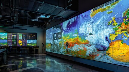 A dispatch room with a large digital map displaying weather patterns and their impact on transportation routes