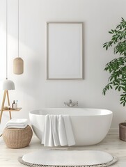 Fototapeta premium Minimalist Bathroom with Clean Contemporary Interior and Frame Mockup in 3D Rendering