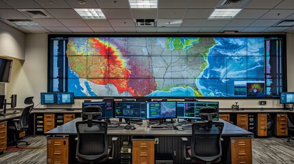 A dispatch room with a large digital map displaying weather patterns and their impact on transportation routes