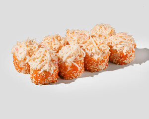 Eight California sushi rolls topped with shredded crab meat, perfect for Japanese cuisine enthusiasts and sushi lovers