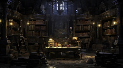 wizard, library, dimly lit, shelves, magical, atmosphere  Fantasy wallpaper, rpg  landscape