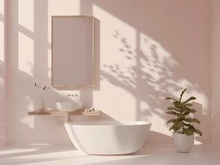 Fototapeta premium Minimalist Bathroom with Freestanding Sink and Mirror Mockup,Clean and Modern Interior Design