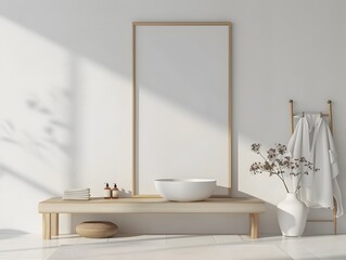 Fototapeta premium Minimalist Bathroom with Large Mirror and Clean Lines,3D Rendering of Modern and Elegant Interior Design