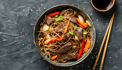 Soba noodles with beef, carrots, onions and sweet peppers on wooden table. Top view