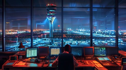 A dispatcher coordinating with pilots and ground crews in an airport tower