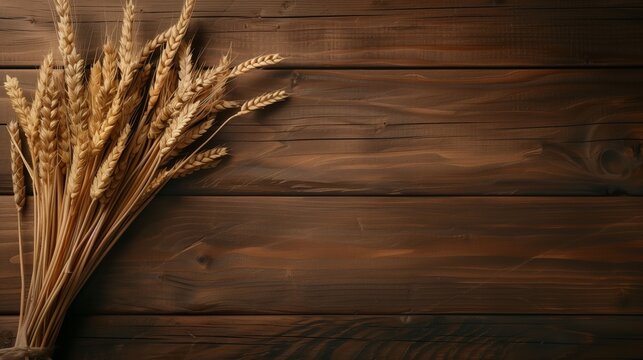 A rustic image of a wheat sheaf lying on a dark wooden background