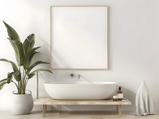 Fototapeta premium Minimalist Bathroom with Steel and Fabric Elements,Clean Minimalist Interior,Frame Mockup,3D Rendering