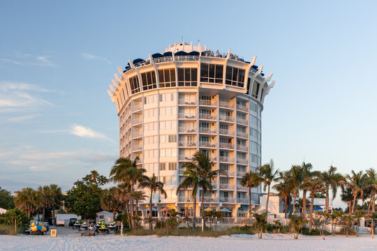 St. Pete Beach, FL, USA - May 27, 2024: The Bellwether Beach Resort is a hotel located on the St. Pete Beach overlooking the Gulf of Mexico with perfect sunsets.