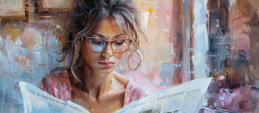 Portrait of a young woman reading a newspaper in a cafe. Concept of news, information, lifestyle, and leisure.