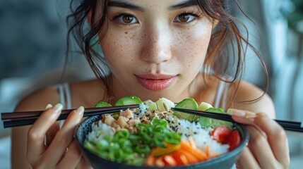 A woman with freckles holding a colorful bowl filled with fresh vegetables and rice, captured in a close and detailed portrait showcasing vibrance and texture.