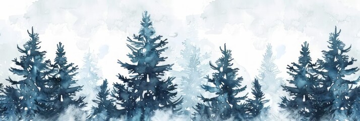 Watercolor painting of winter spruce forest. Blue foggy landscape illustration. Pine tree silhouette banner for Christmas design. Watercolor abstract background for poster, flyer, greeting card