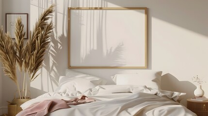 Minimalist Bedroom with Blank Frame on Pastel Background 3D Rendering of Home Mockup