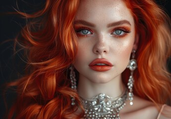 Portrait of a woman with striking red hair and intricate accessories against dark background