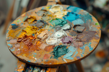 Oil Painter's Palette with a backdrop of ample copy-space, presenting the array of vibrant oil colors and mixing sections essential
