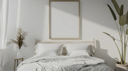 Minimalist Bedroom with Empty Frame Above Cozy Bed Home Interior Mockup 3D Render